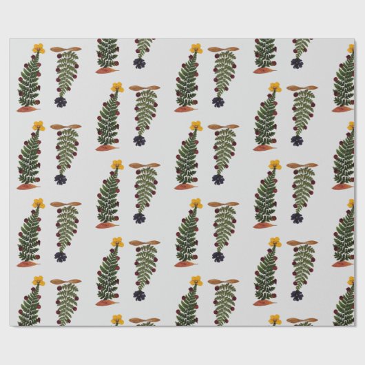 Paarse & geelgedroogde persbloem kerstboom cadeaupapier (Vlak)