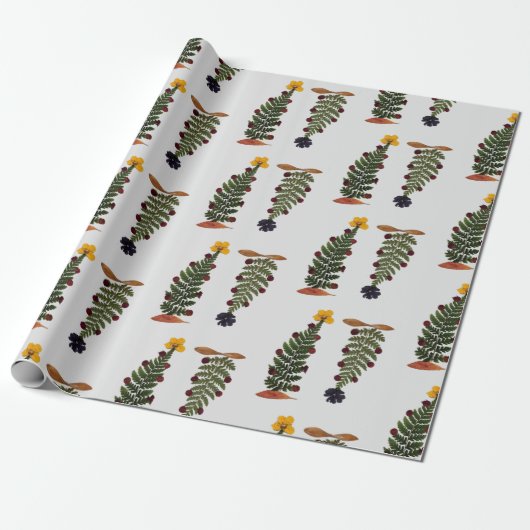Paarse & geelgedroogde persbloem kerstboom cadeaupapier (Uitgerold)