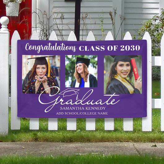 Paarse gefeliciteerd afgestudeerde 3 foto afstuder spandoek