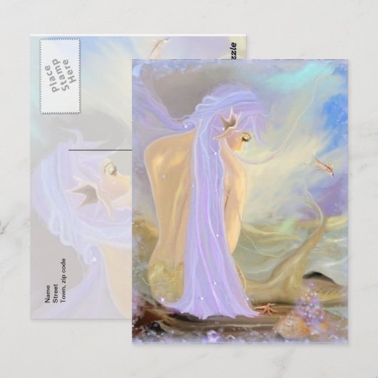Paarse gehaaste zeemeermin briefkaart (Voorkant / Achterkant)