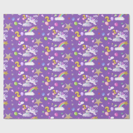 Paarse gekleurde 2e verjaardag eenhoorn patroon cadeaupapier (Vlak)