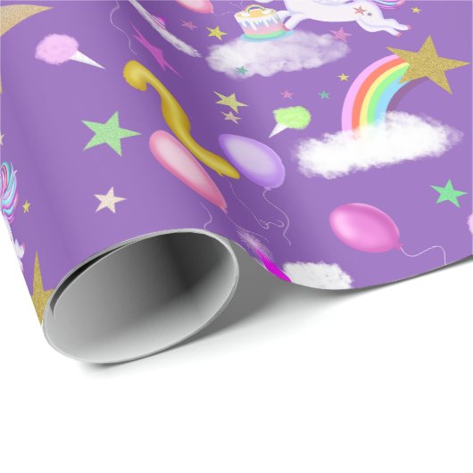 Paarse gekleurde 2e verjaardag eenhoorn patroon cadeaupapier (Rol Hoek)