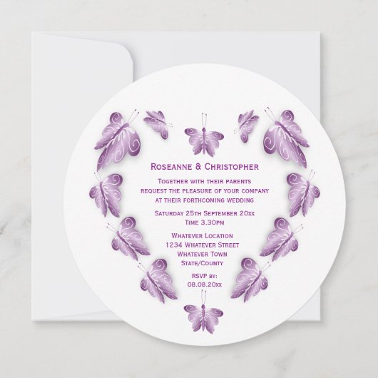 Paarse gekleurde vlinders ontwerp bruiloft kaart (Achterkant)