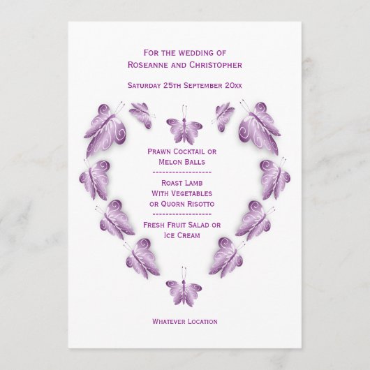 Paarse gekleurde vlinders ontwerp bruiloft menu (Achterkant)