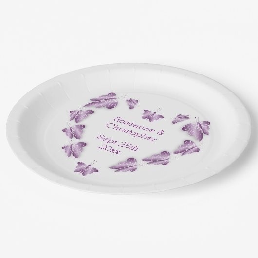 Paarse gekleurde vlinders ontwerp bruiloft papieren bordje (Gekanteld)