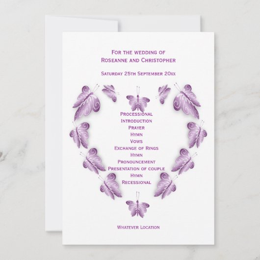 Paarse gekleurde vlinders ontwerp bruiloft program (Achterkant)