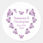 Paarse gekleurde vlinders ontwerp bruiloft ronde sticker (Voorkant)