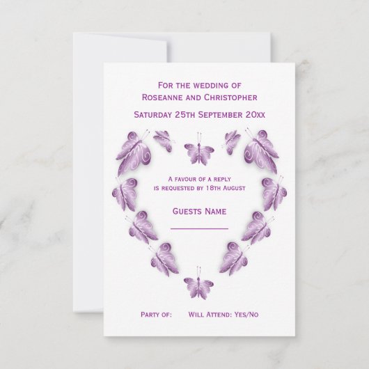 Paarse gekleurde vlinders ontwerp bruiloft RSVP kaartje (Achterkant)