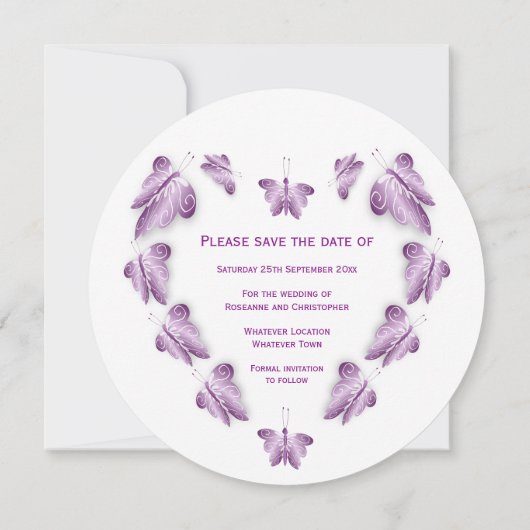 Paarse gekleurde vlinders ontwerp bruiloft save the date (Achterkant)