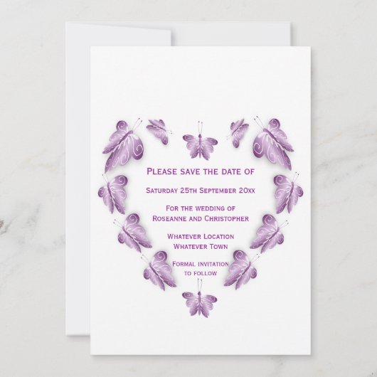 Paarse gekleurde vlinders ontwerp bruiloft save the date (Achterkant)