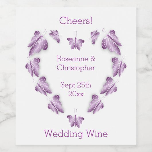 Paarse gekleurde vlinders ontwerp bruiloft wijn etiket (Enkel label)