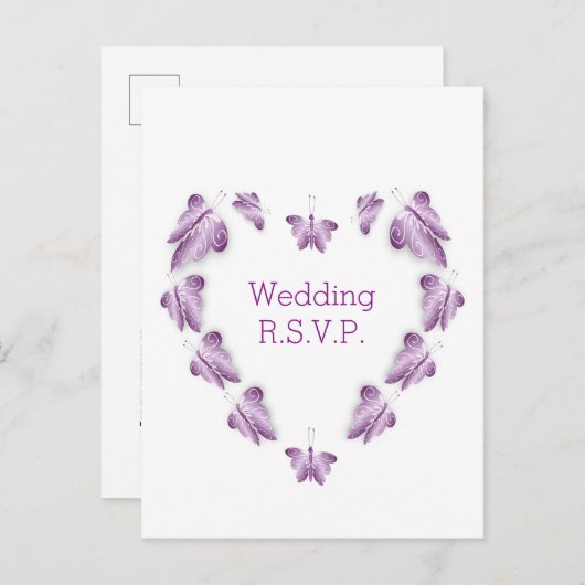 Paarse Gekleurde Vlinders Ontwerp Wedding RSVP Uitnodiging Briefkaart (Voorkant / Achterkant)