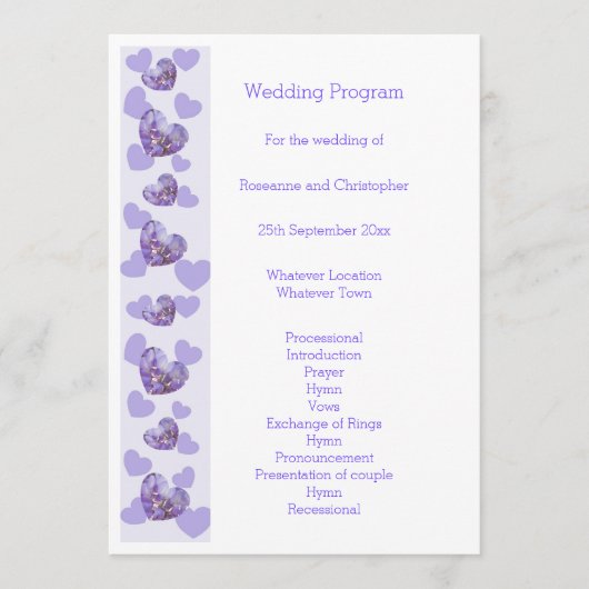 Paarse Gekleurde Wisteria Heart Design Wedding Programmakaart (Voorkant)