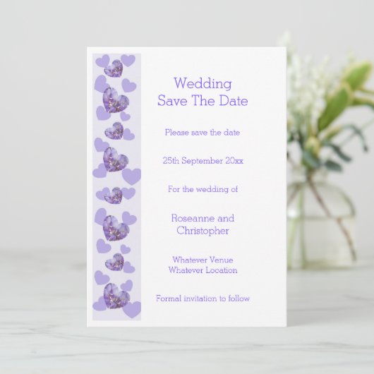 Paarse Gekleurde Wisteria Heart Design Wedding Save The Date (Staand voorkant)