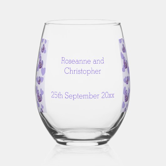 Paarse Gekleurde Wisteria Heart Design Wedding Wijnglas Zonder Voet (Voorkant)