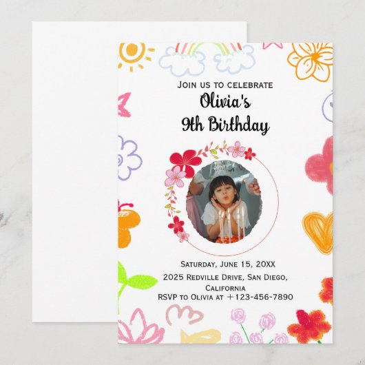 Paarse Gele Aangepaste Kinderverjaardagsuitnodigin Kaart (Voorkant / Achterkant)