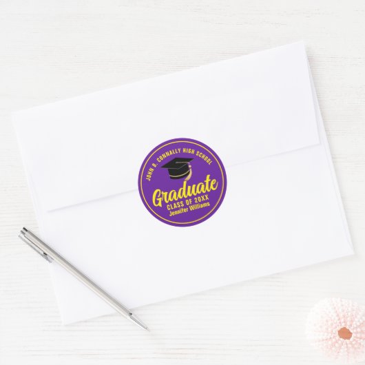 Paarse Gele Afstuderen Custom Graduation Party Ronde Sticker (Envelop)