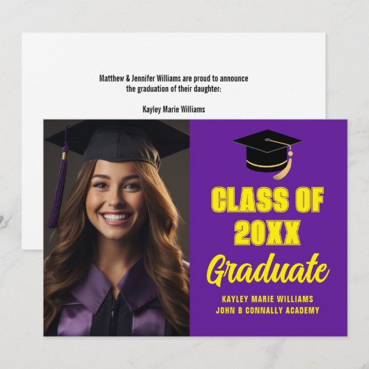 Paarse Gele Afstuderen Foto Modern Afstuderen Aankondiging (Voorkant / Achterkant)
