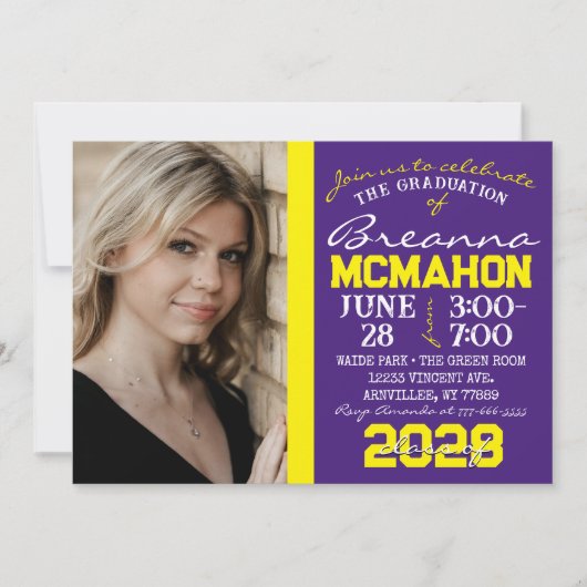 Paarse & Gele Afstuderen Fotouitnodiging Kaart (Voorkant)