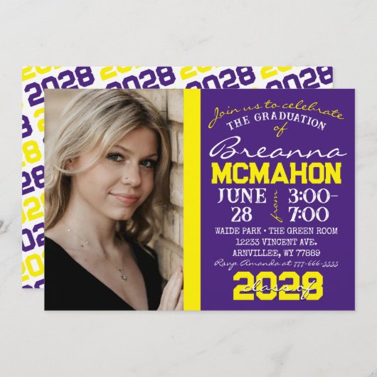 Paarse & Gele Afstuderen Fotouitnodiging Kaart (Voorkant / Achterkant)
