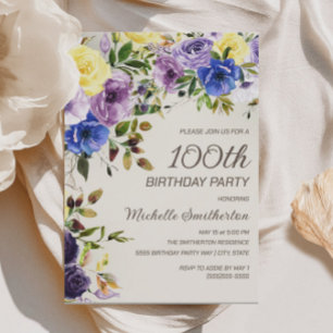 Paarse Gele Aquarel Bloem 100ste Verjaardag Kaart