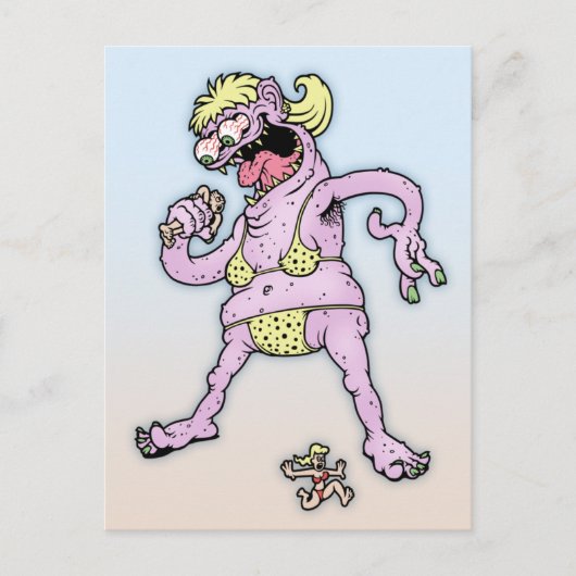 Paarse Gele Bikini Monster Briefkaart (Voorkant)