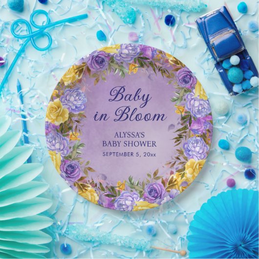 Paarse Gele Bloemen Baby in Bloemdouche Papieren Bordje (Feest)