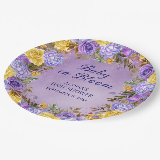 Paarse Gele Bloemen Baby in Bloemdouche Papieren Bordje (Gekanteld)