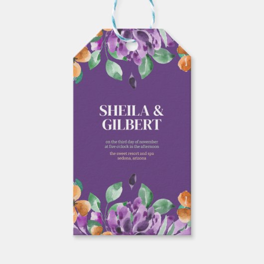 Paarse gele bloemen bewaren de datum cadeaulabel (Voorkant)