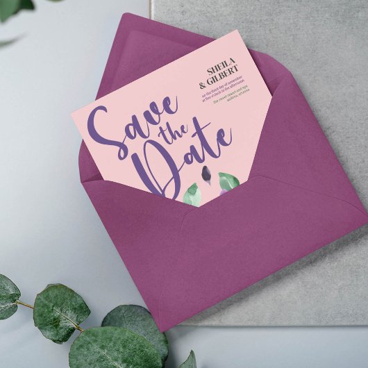 Paarse gele bloemen bewaren de datum kaart