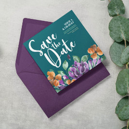 Paarse gele bloemen bewaren de datum kaart