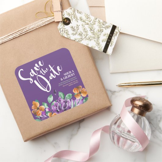 Paarse gele bloemen bewaren de datum vierkante sticker (Geschenken)