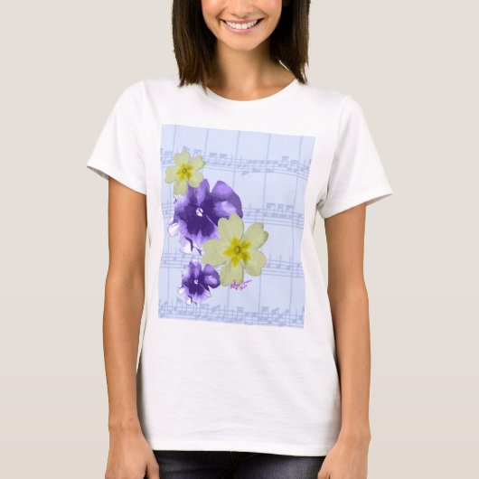 Paarse & Gele Bloemen Bladmuziek Spaghettibandjes T-shirt (Voorkant)