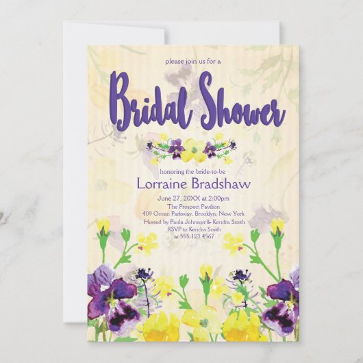 Paarse & Gele Bloemen Bruids Douche Uitnodigingen (Voorkant)