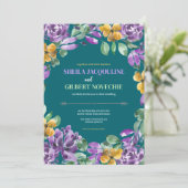 Paarse gele bloemen bruiloft thema kaart (Staand voorkant)