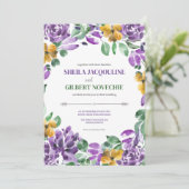 Paarse gele bloemen bruiloft thema kaart (Staand voorkant)