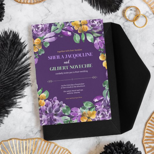 Paarse gele bloemen bruiloft thema kaart