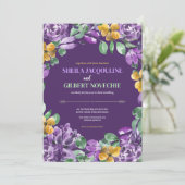 Paarse gele bloemen bruiloft thema kaart (Staand voorkant)