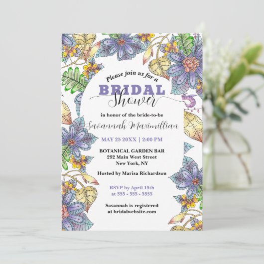 Paarse gele bloemen en bladeren Vrijgezellenfeest Kaart (Staand voorkant)