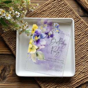 Paarse & Gele Bloemen Modern Verjaardag Acryl Uitnodigingen