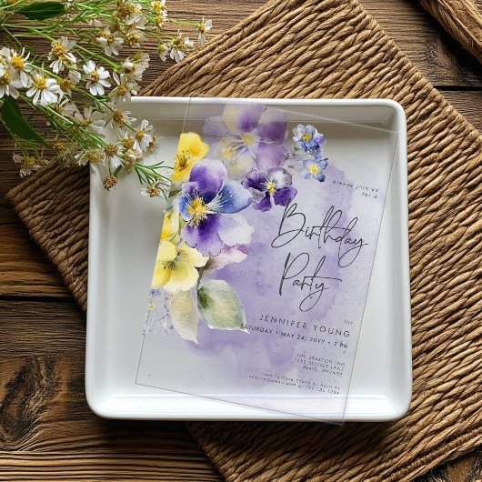 Paarse & Gele Bloemen Modern Verjaardag Acryl Uitnodigingen