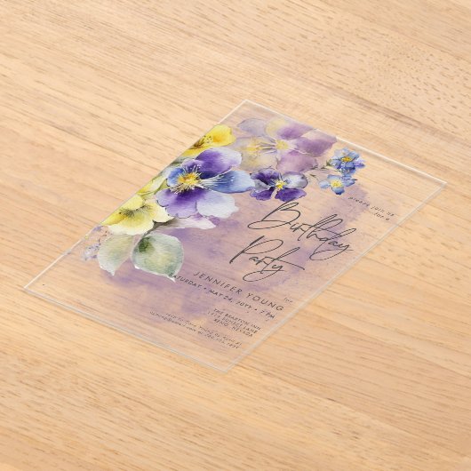 Paarse & Gele Bloemen Modern Verjaardag Acryl Uitnodigingen (Laagn)