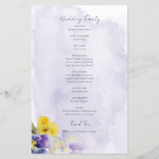 Paarse & Gele Bloemen Modern Wedding Programma (Achterkant)