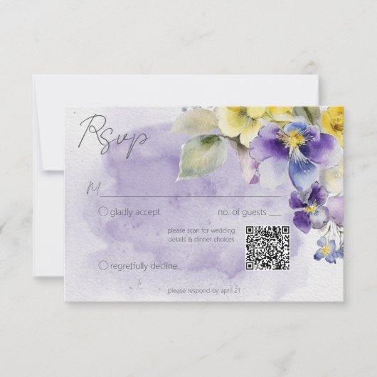 Paarse & Gele Bloemen Moderne Huwelijk QR Code RSVP Kaartje (Voorkant)