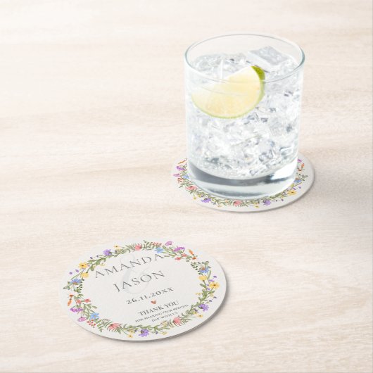 Paarse Gele Bloemen Wildflower Krans Bruiloft Ronde Kartonnen Onderzetter (Insitu)