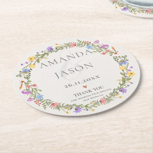 Paarse Gele Bloemen Wildflower Krans Bruiloft Ronde Kartonnen Onderzetter (Gebogen)