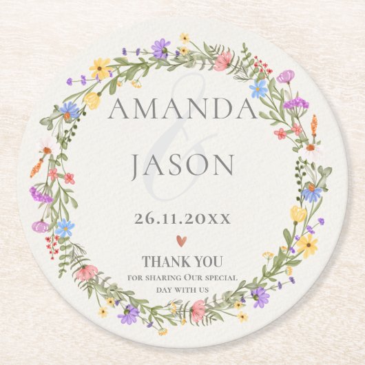 Paarse Gele Bloemen Wildflower Krans Bruiloft Ronde Kartonnen Onderzetter (Voorkant)