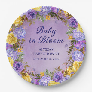 Paarse Gele Bloemige Baby in Bloom Shower Papieren Bordje
