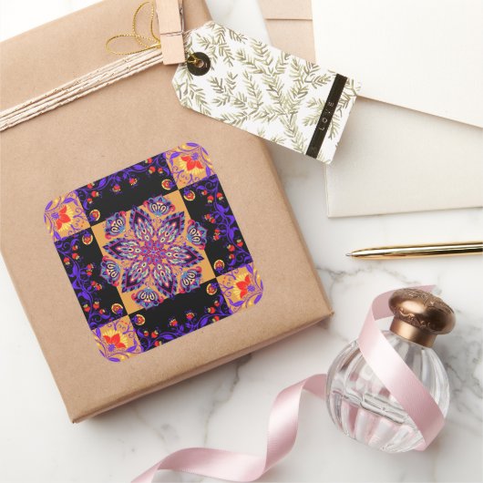 Paarse & Gele Bloemige Fusie Vierkante Sticker (Geschenken)