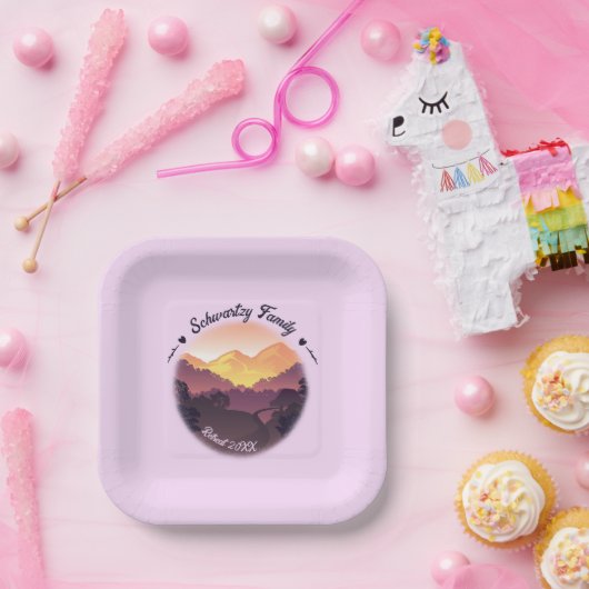 Paarse Gele Boerderij Mountain Sunset Papieren Bordje (Feest)